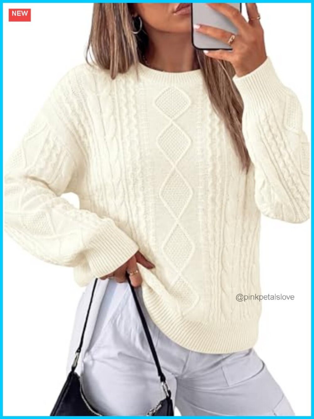 Cable Knit Crewneck Pullover Sweater Long Sleeve Loose Fit Viscose